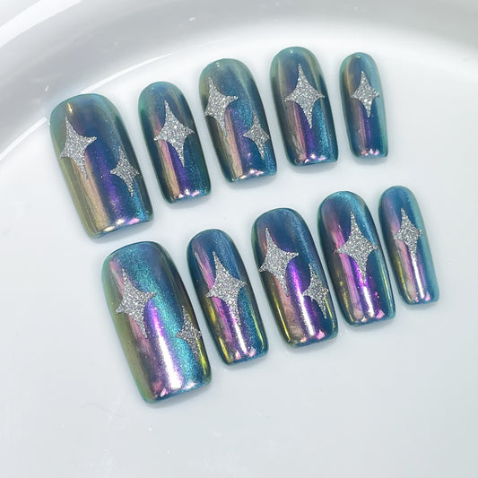 Medium and long square nail art patch, colorful color-changing Aurora nail sweet cool handmade press-on nails wearable nail sticker｜365nails