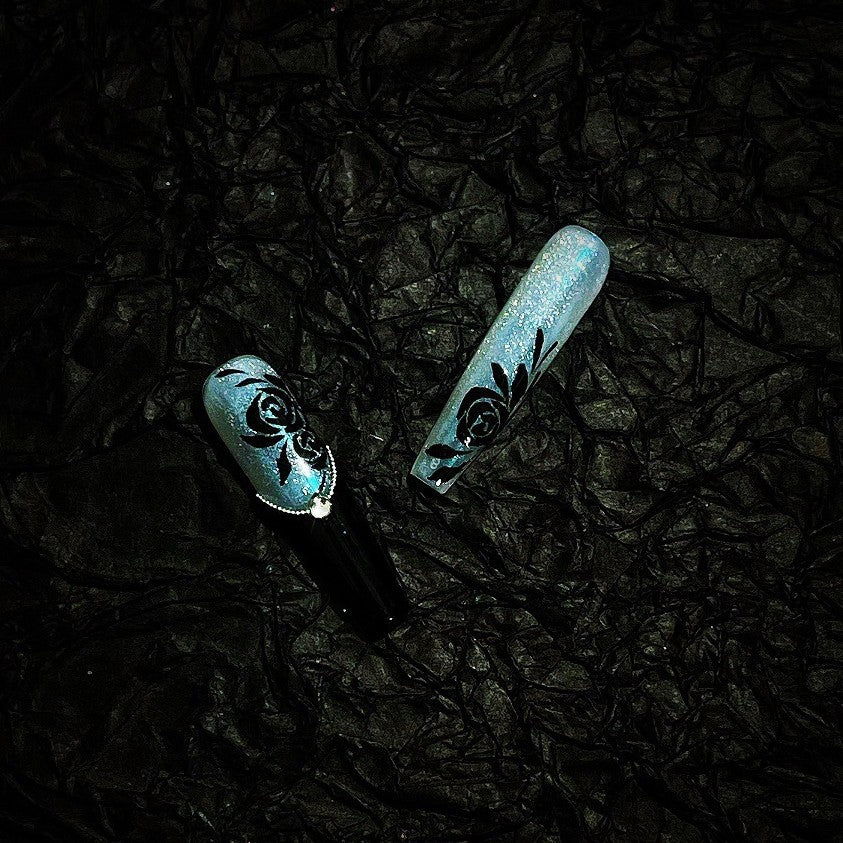 [Cold Rose] Cold Black Rose Four Fingers Quicksand Handmade Nail Wear Aurora Powder French Flow Hemp Nail Art