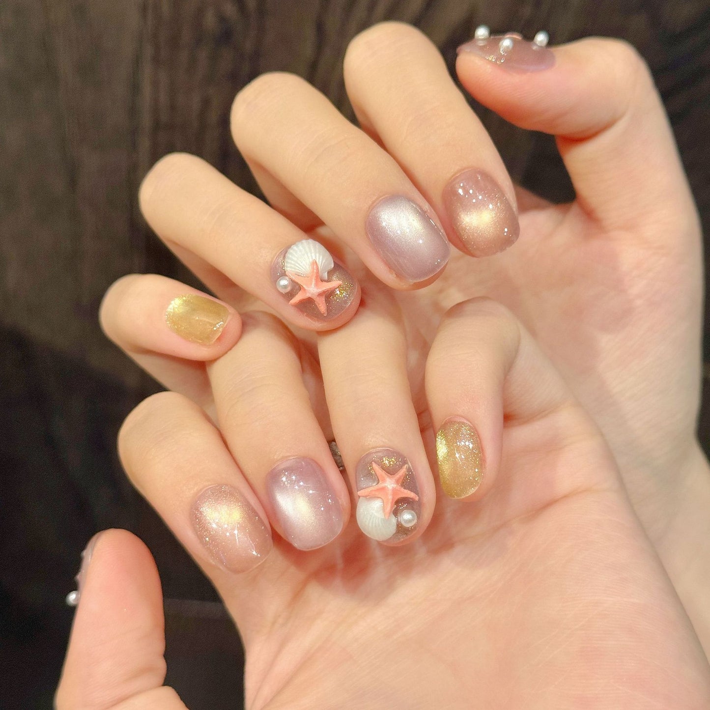 Ocean Pearl Shell Starfish Pastel Press On Nails