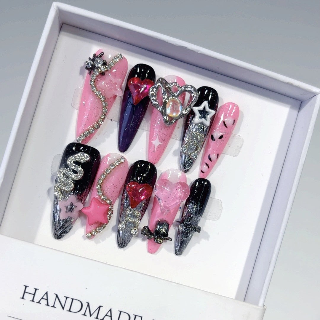 Pink Black Gothic Heart Crystal Statement Press On Nails