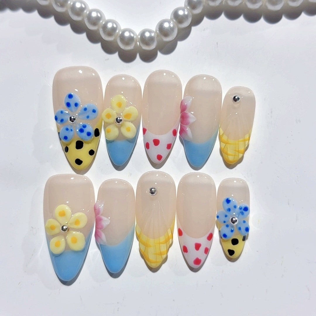 365nails 圓點花卉：「彩色3D花朵」— 中長款杏仁形手工製甲片