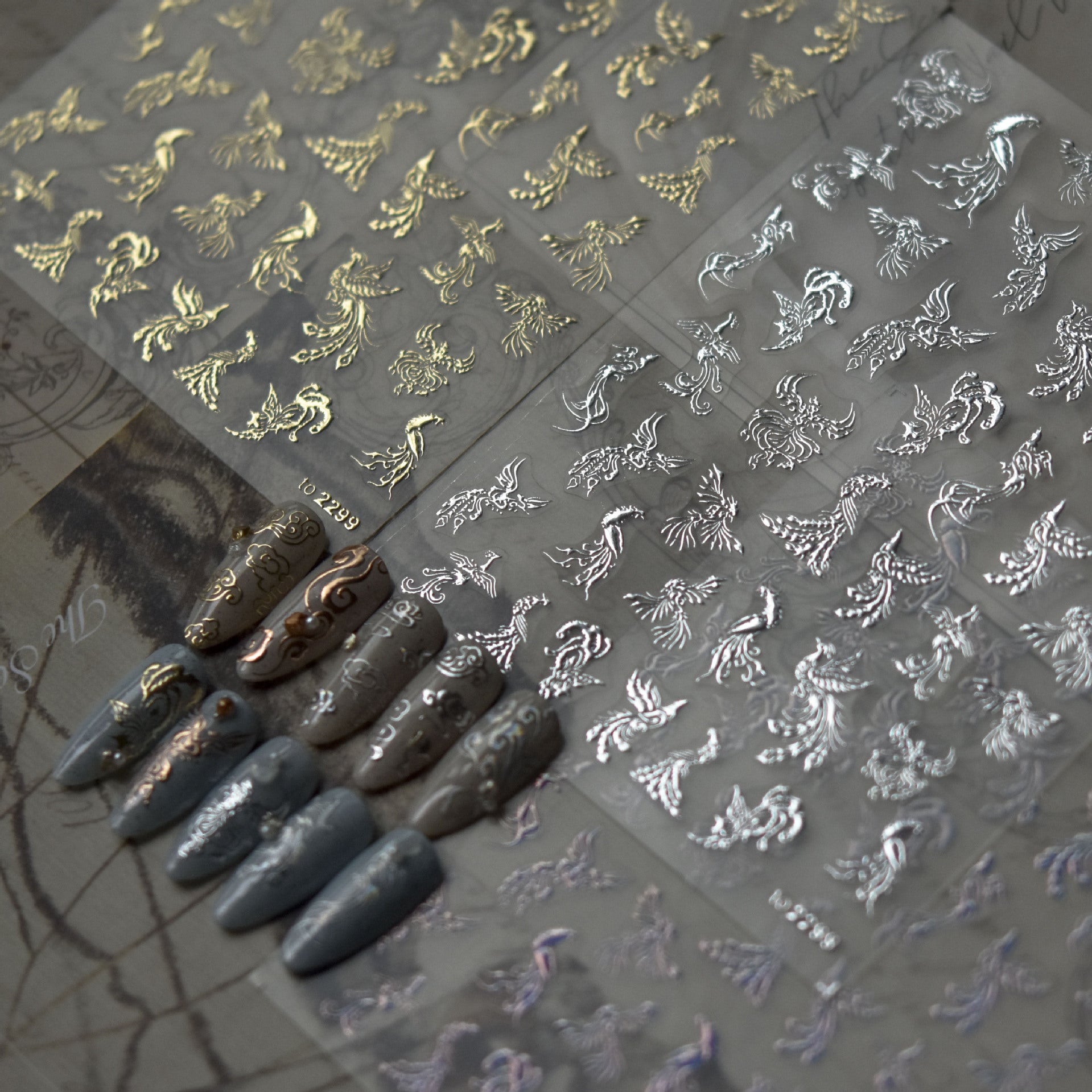 Oriental Phoenix & Cloud: "Celestial Phoenix Scroll" – 5D Embossed Nail Sticker