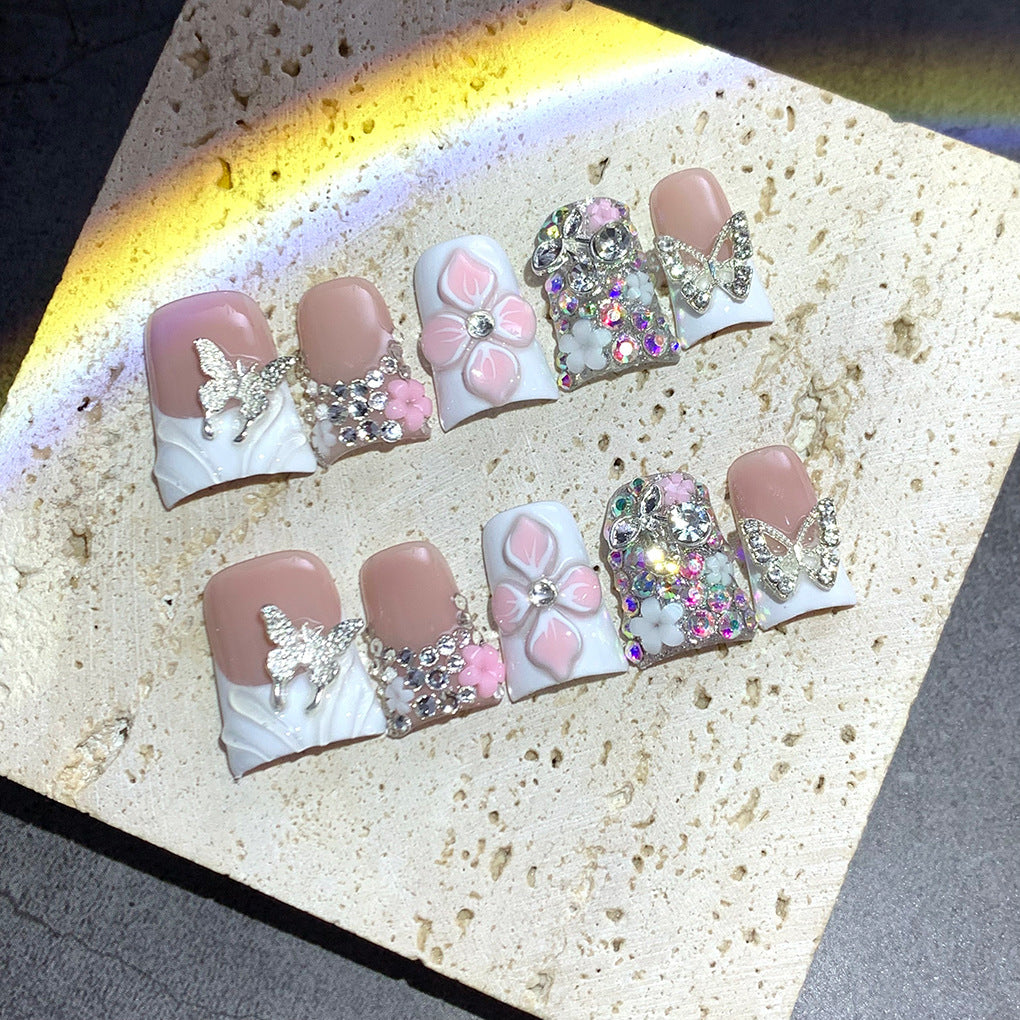 White Floral Butterfly Crystal Press On Nails