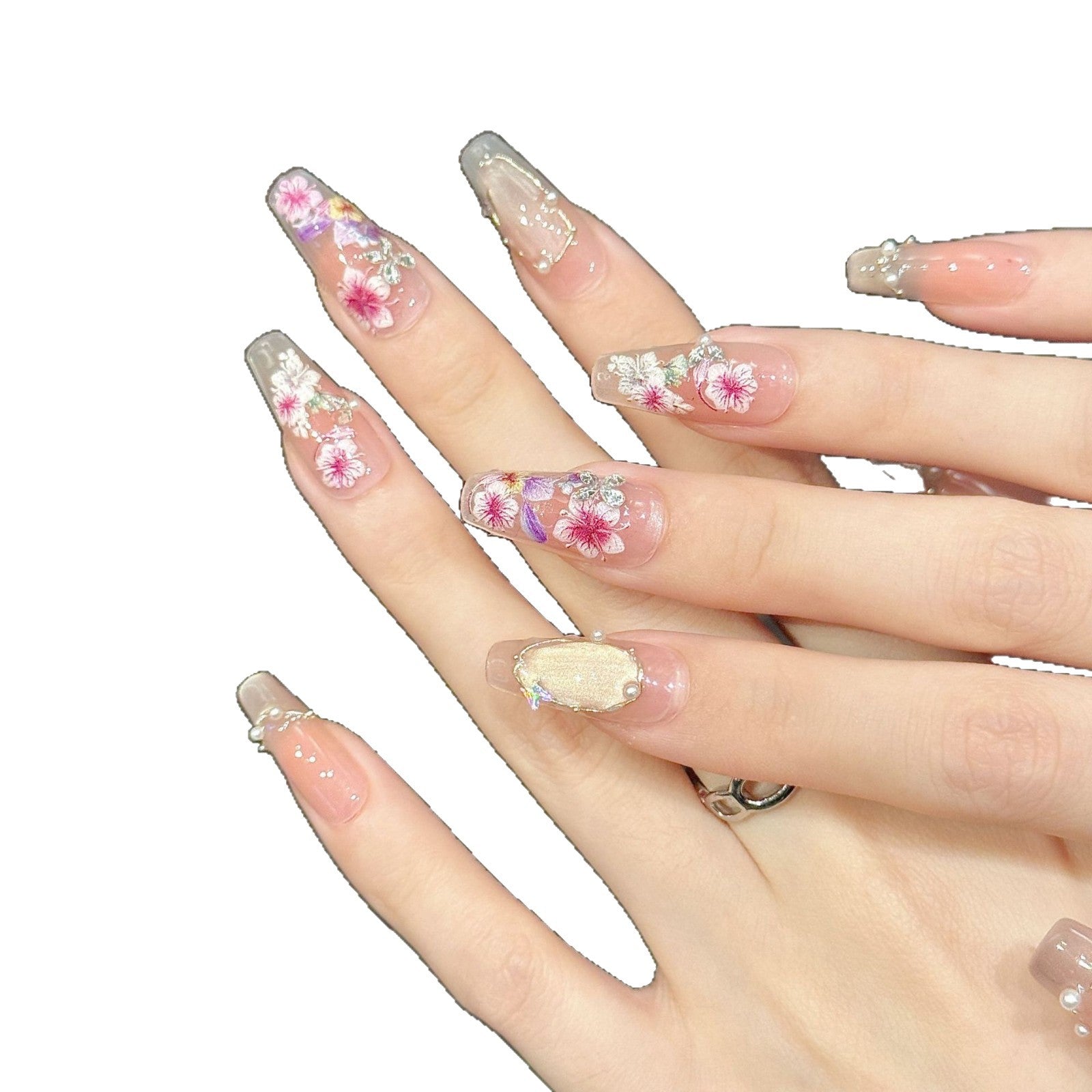 365nails: "Blossom Whisper" – 3D Floral & Pearl Handmade Square Nails