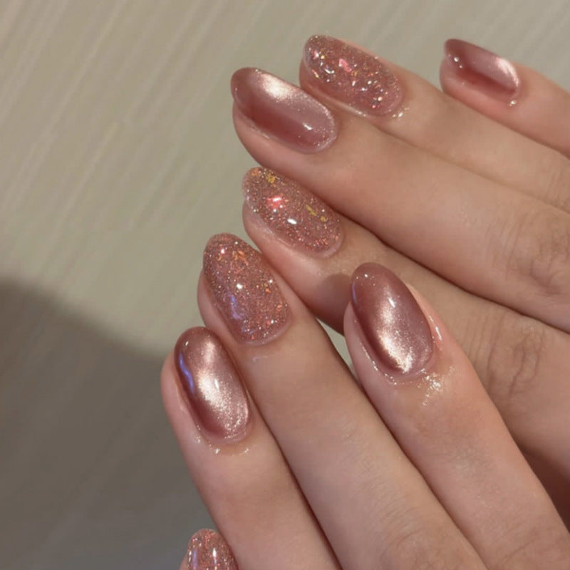 Flashy nude pink cat eye wearable nails casual glitter manicure nail pieces short round nails