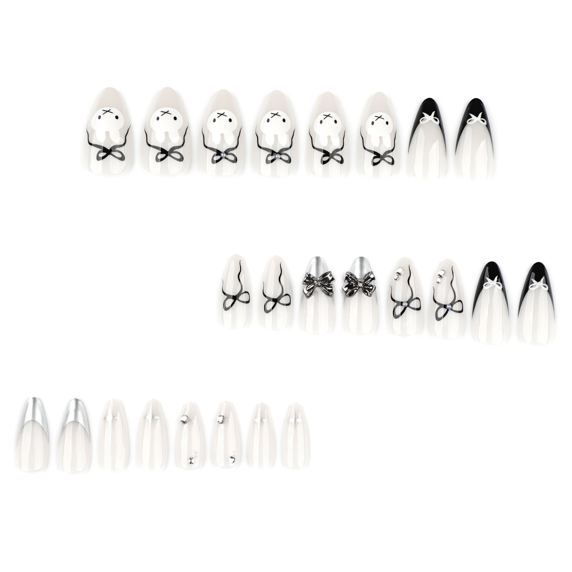 Sweet and Cool Short Almond French Black Metal Bow press-on nails