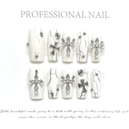 War nails White Rectangular Cross Sticked Diamond Steel Ball Hand Painted Niche Spice Girl press-on nails handmade press on nails Art Removable | 365nails