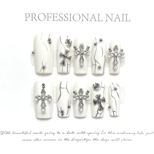 War nails White Rectangular Cross Sticked Diamond Steel Ball Hand Painted Niche Spice Girl press-on nails handmade press on nails Art Removable | 365nails