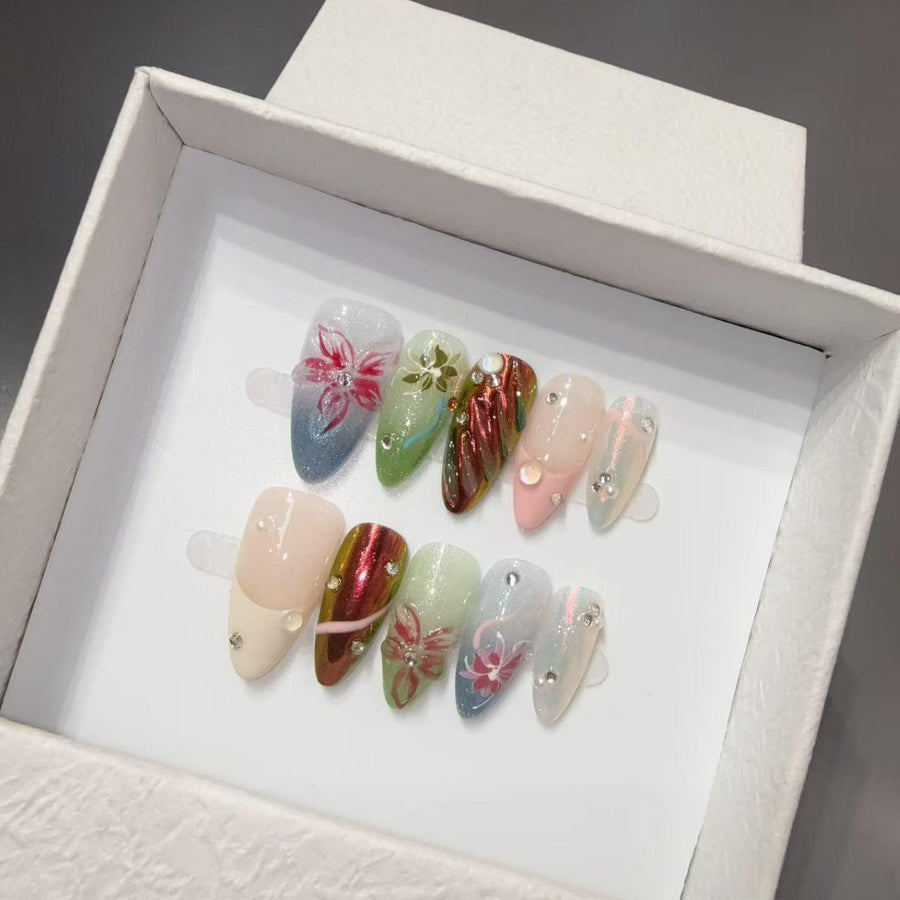 365nails: "Enchanted Garden" – 3D Floral Handmade Almond Nails