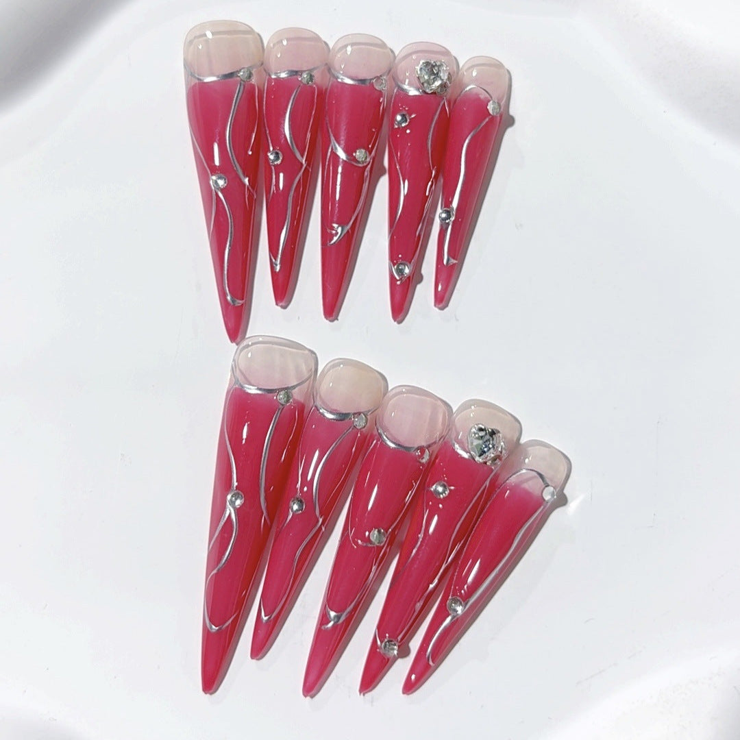 Red Chrome Line Edgy Glam Statement Press On Nails