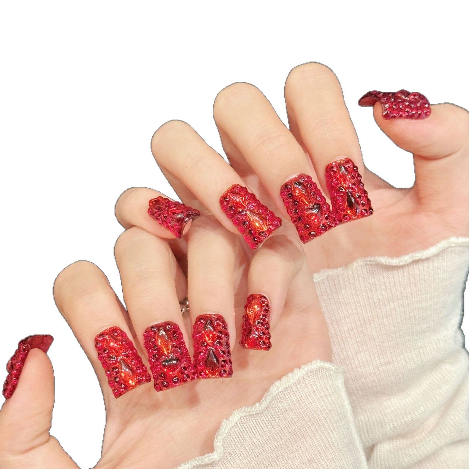 365nails: "Crimson Blaze" – Full-Coverage Red Rhinestone Handmade Short Square Nails