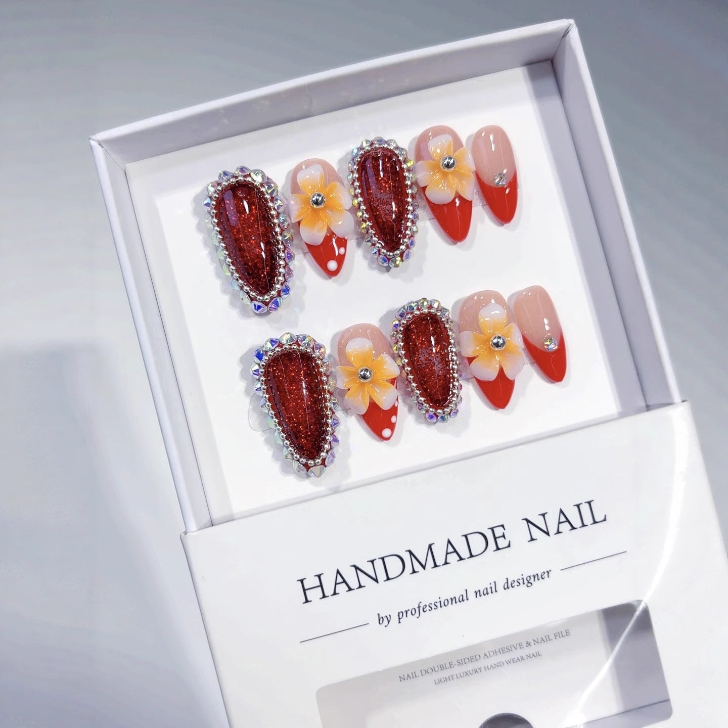 Tropical Bloom: "Plumeria Ruby" – Almond Shape Handmade Press-On Nails