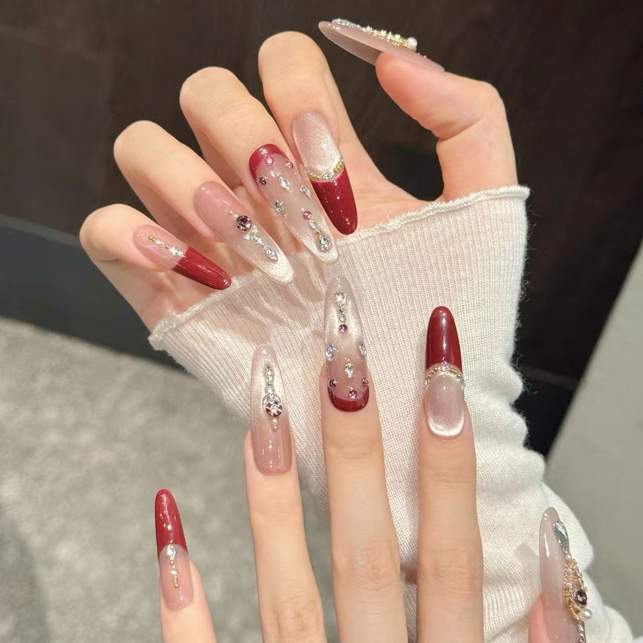 Glam Red Gold Long Crystal Almond Stiletto Nail Set