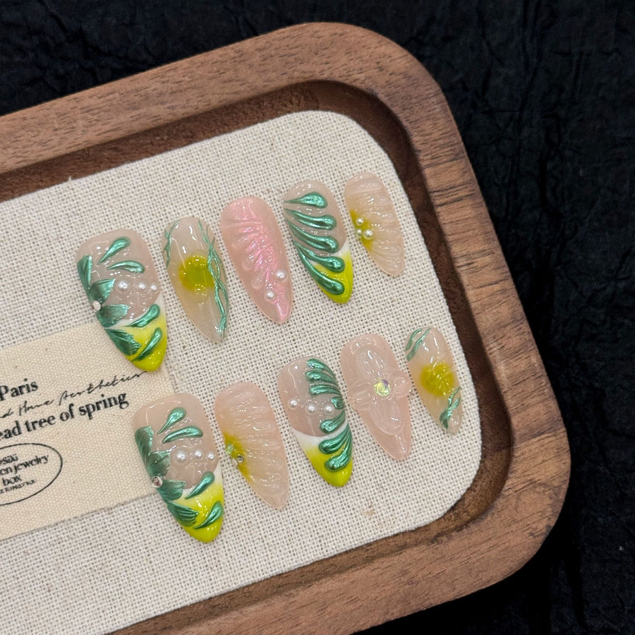 365nails: "Verdant Bloom" – 3D Sculpted Floral Handmade Press on Nails Almond Nails