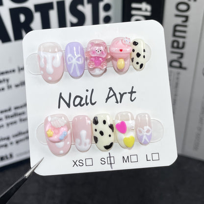 Handmade nail cream donut cute cow pattern sweet and white pure desire short nail art wear fake nails｜365nails