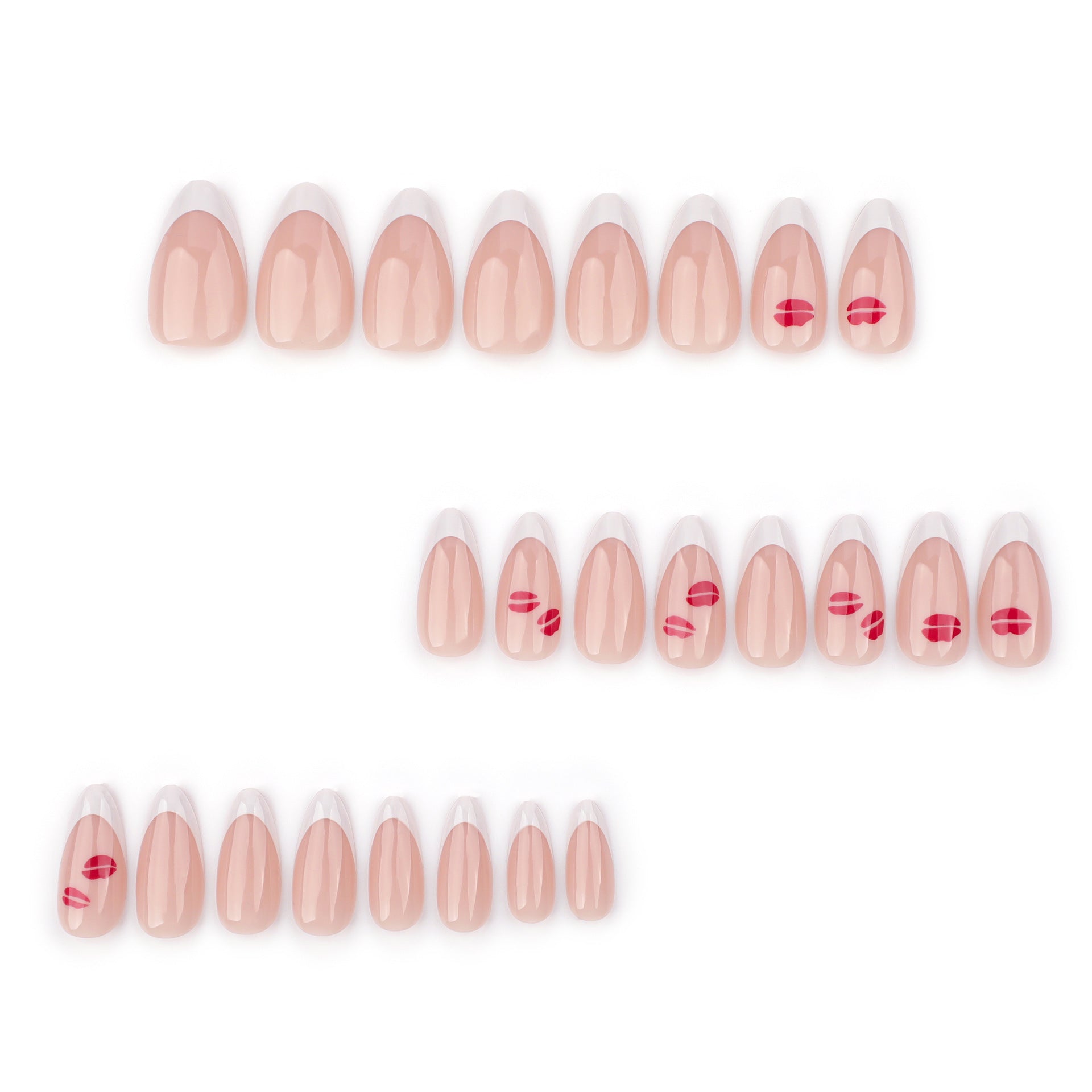 經典法式白短款杏仁形穿戴甲 浪漫紅唇印花與純色甲片｜365nails