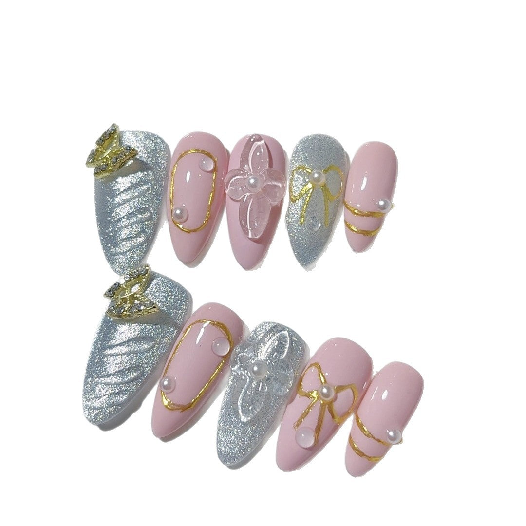365nails-芭蕾夢：「粉色與金色蝴蝶結」– 中長款杏仁形手工製甲片