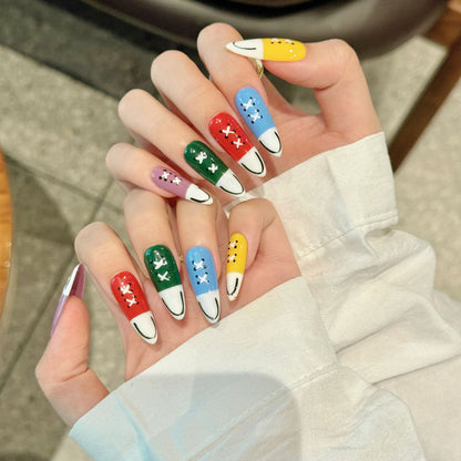 manicure extra long five-color canvas shoes pure handmade press on nails hand-painted nail products | 365nails
