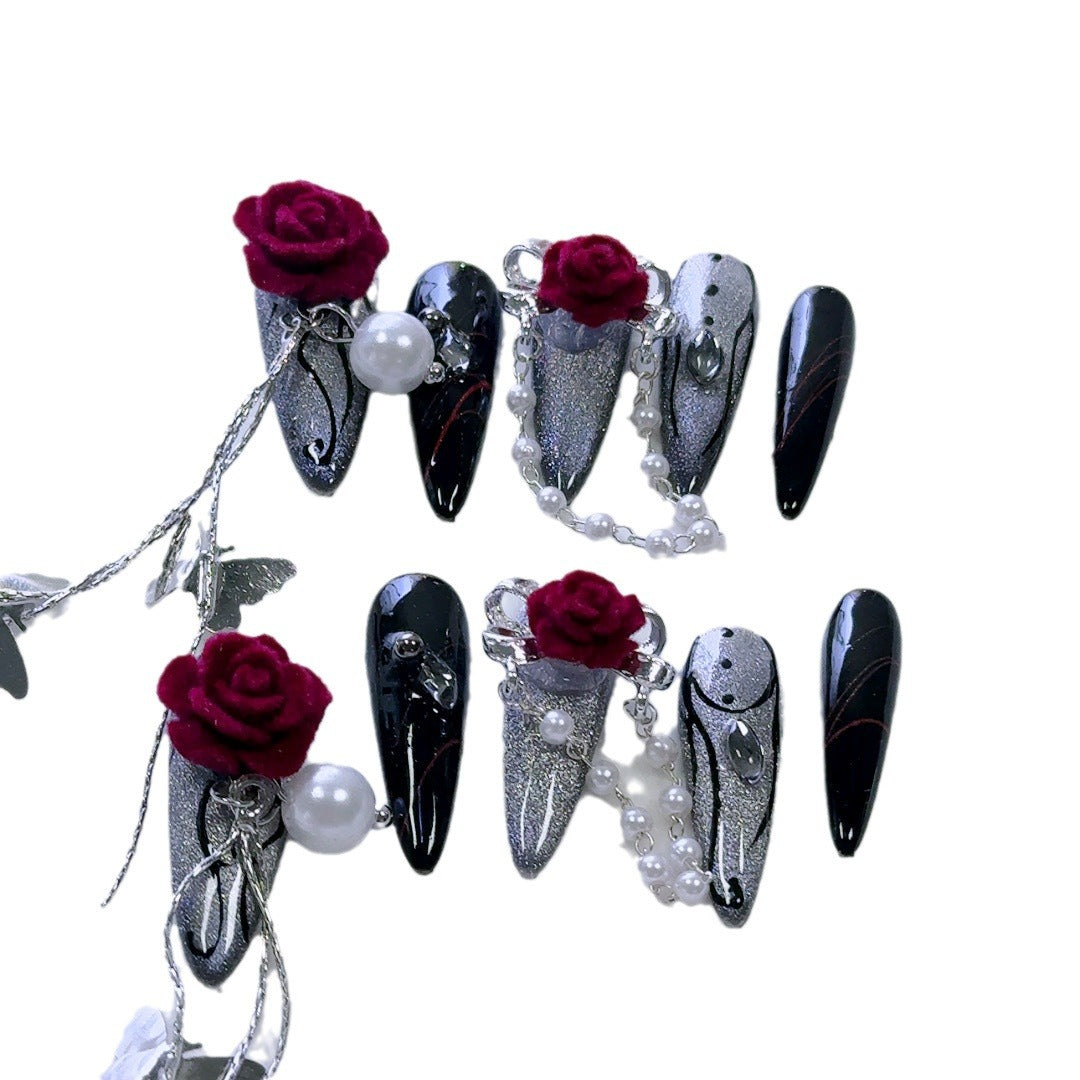 Gothic Press-On Nails with Dual-Color Roses and Silver Chrome Accents