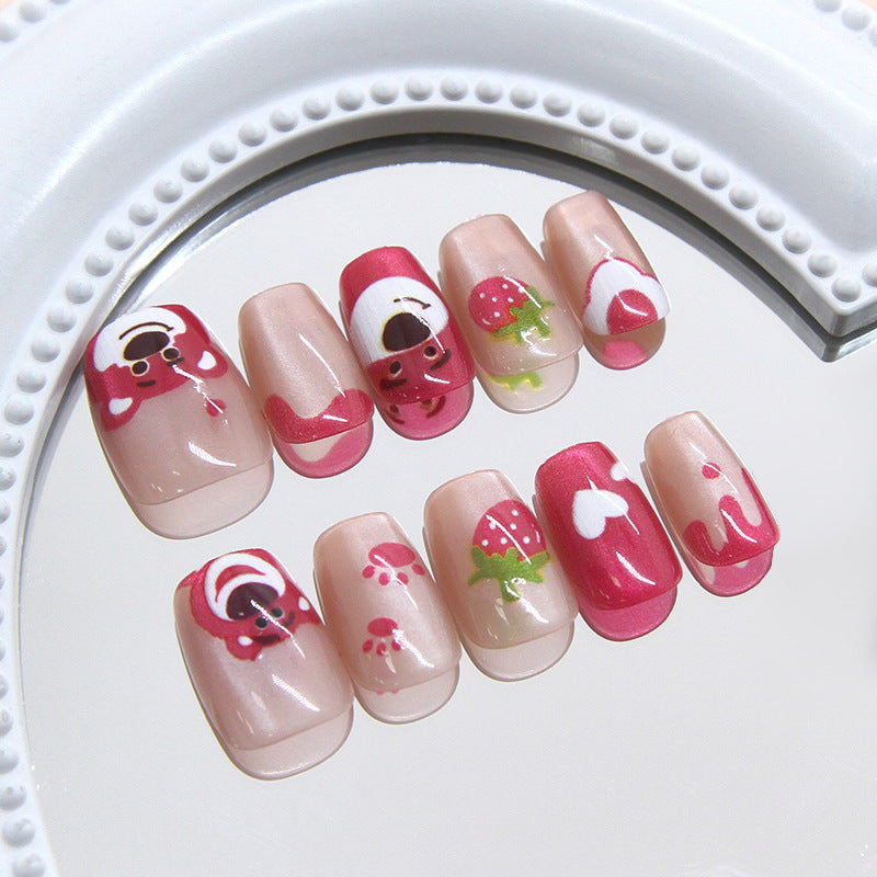 Puntas de uñas prefabricadas, diseño divertido de gato, fresa, oso, amor, niña, versátiles, 30 piezas | 365nails