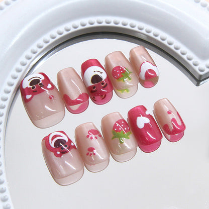 Puntas de uñas prefabricadas, diseño divertido de gato, fresa, oso, amor, niña, versátiles, 30 piezas | 365nails