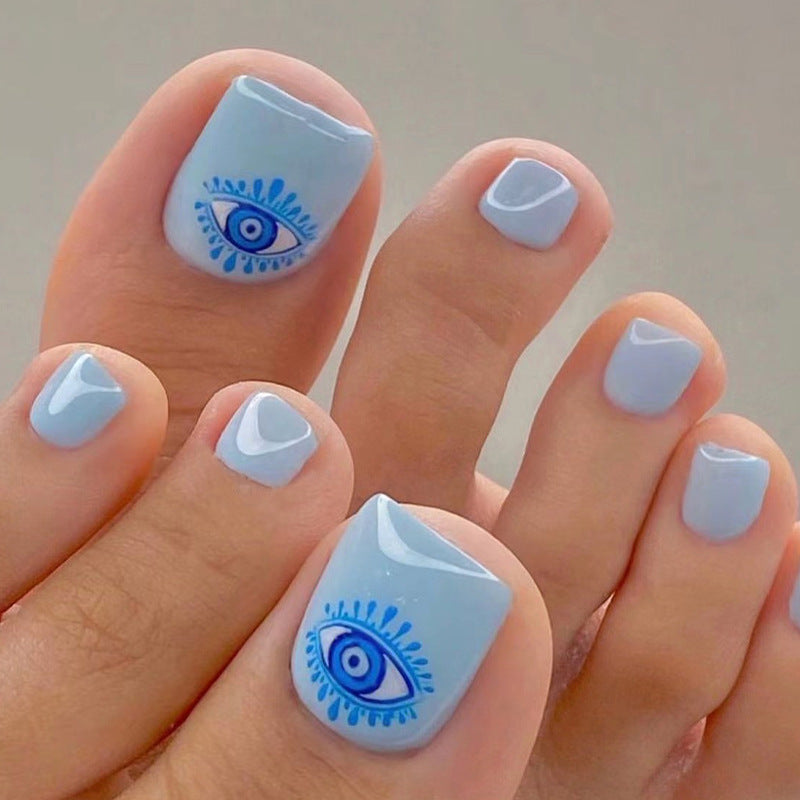 Unhas postiças azuis para os pés, manicure com efeito cool eye, produto finalizado, atacado, unhas postiças removíveis ｜365nails