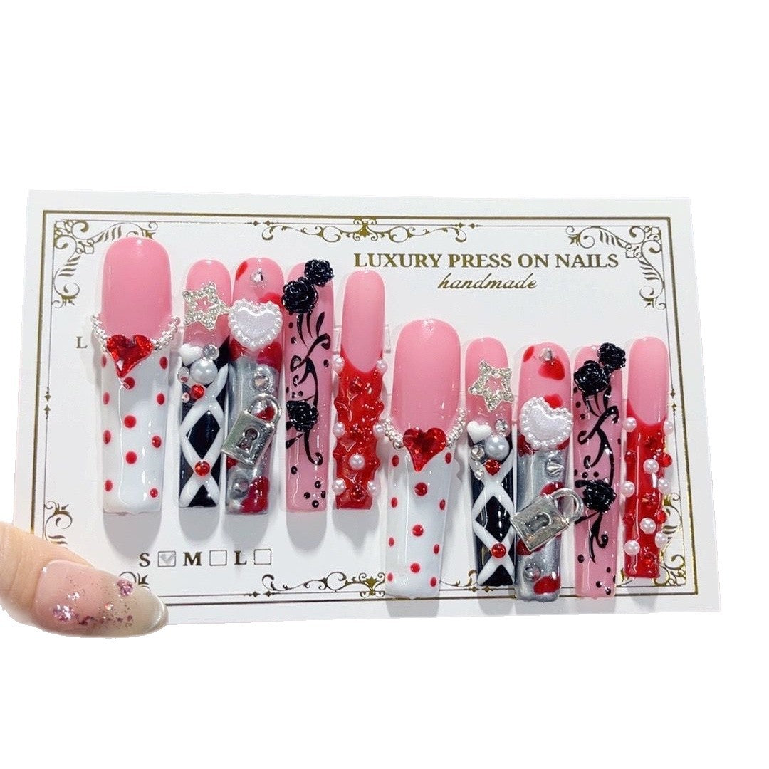 Pink Gothic Heart Crystal Statement Press On Nails