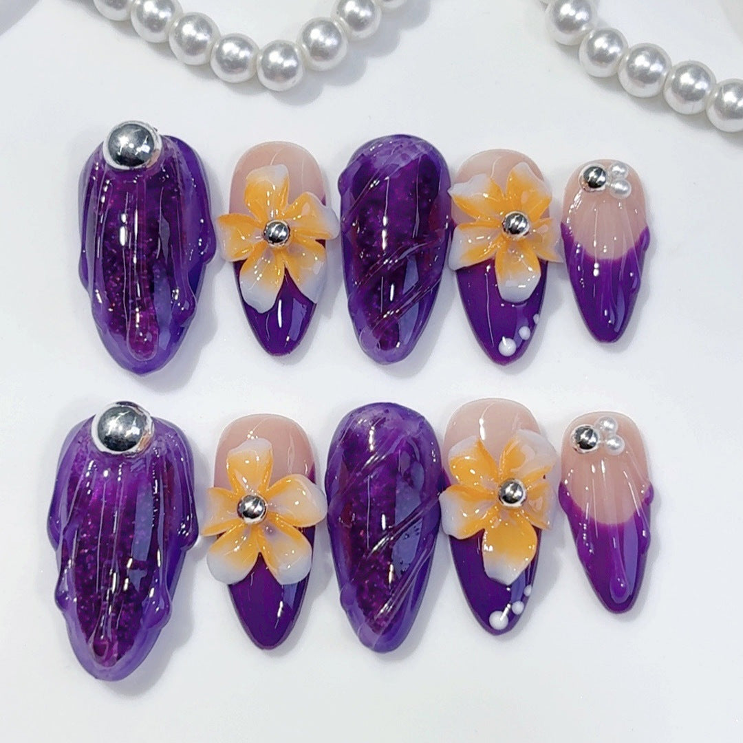 Violet Bloom: "Amethyst Flower" – Almond Press-On Nails