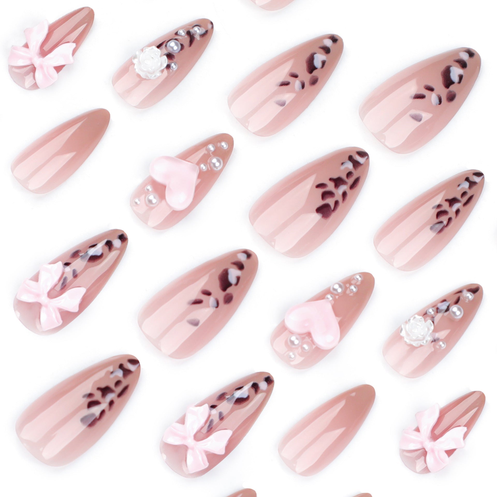 Faux ongles en forme de 3D, nœud rose, amour, imprimé léopard, pièce d'ongles en camélia tridimensionnelle｜365nails