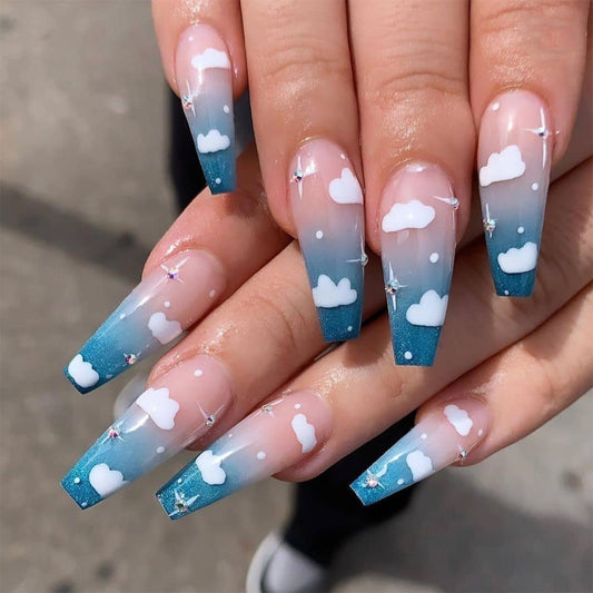 Sky blue clouds gradually change rhinestone wearing finished nail art    removable ｜365nails