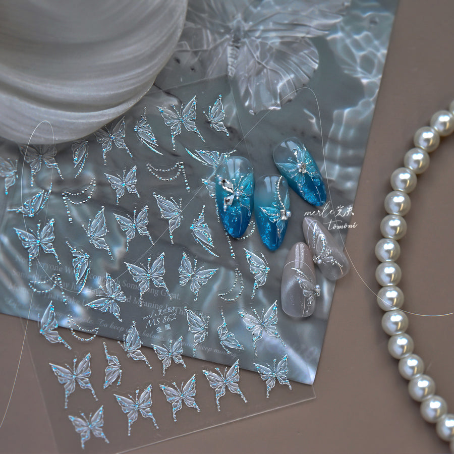 Silver Crystal Butterfly & Chain: "Crystal Butterfly Fantasy" – 5D Embossed Nail Sticker