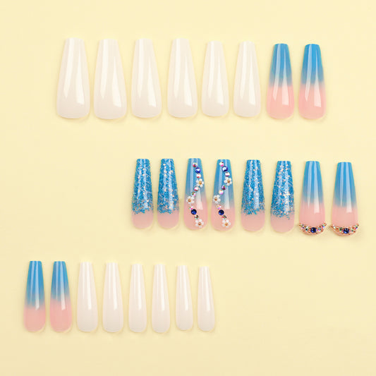Long ballet manicure piece Pearl white  Blue gradual change sequins Sparkling diamond  Autumn and winter white ｜365nails