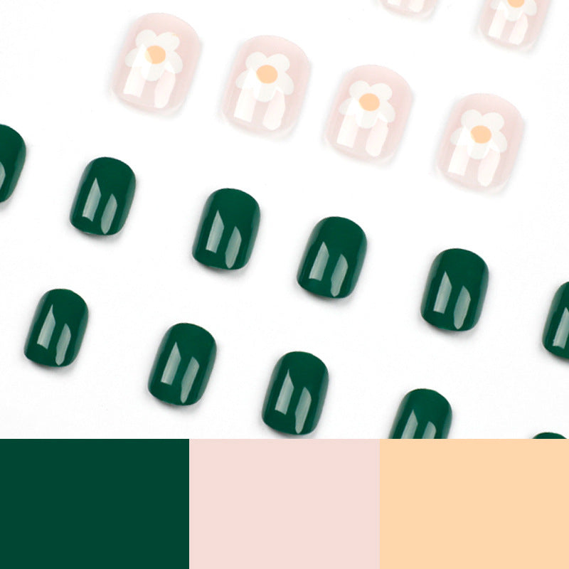 Unhas de pressão Simples e Frescas Unhas verdes Patch Flor branca Unhas removíveis Patch unhas de pressão Produto finalizado｜365nails
