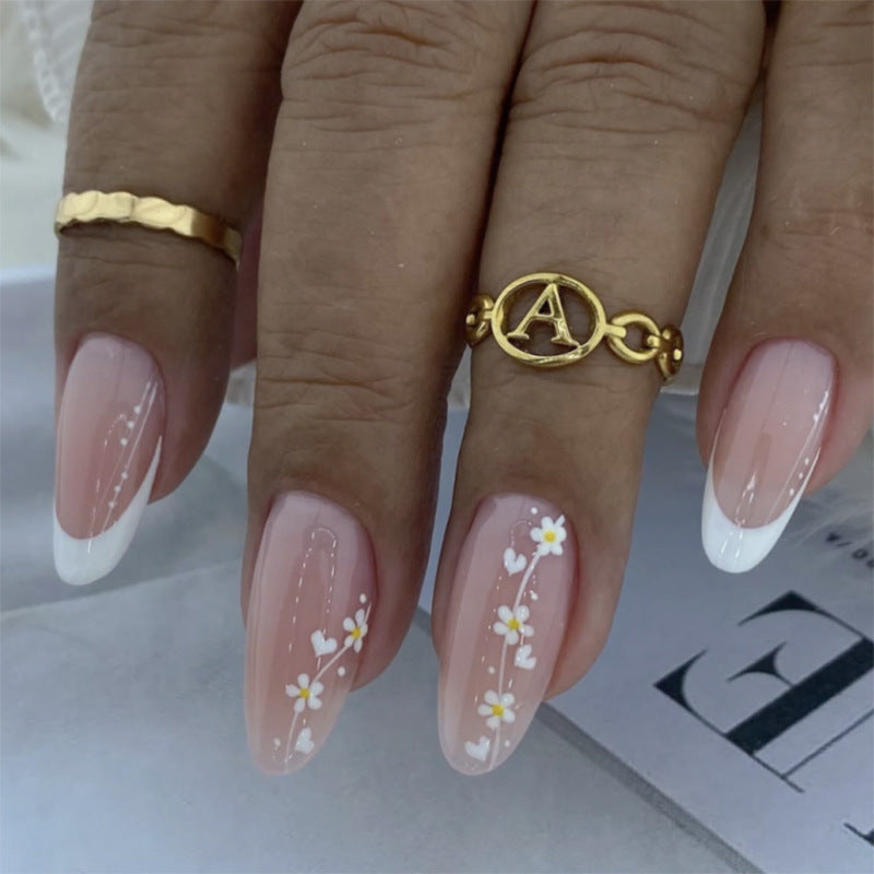 Película para unhas postiças curtas amendoadas, simples e frescas, com estampa de flores, francesas brancas, curtas, para pressão｜365nails