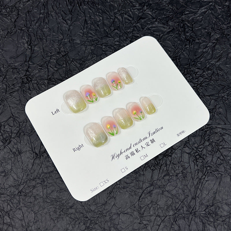 Uñas postizas de tulipán pintadas a mano, pequeñas y frescas, de edición limitada de primavera, con diseño de ojo de gato, uñas postizas hechas a mano, uñas extraíbles al por mayor | 365nails