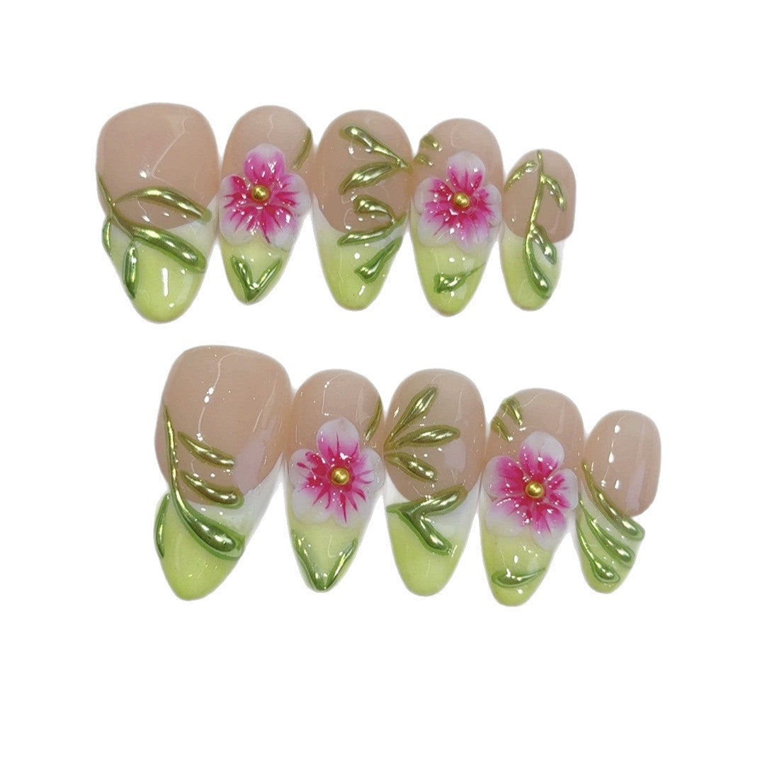 Floraison printanière : "Fleur rose et vigne" – mi-long forme amande fait main ongles press-on