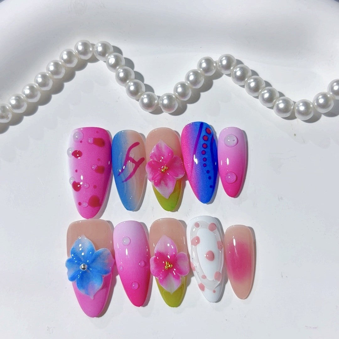 365nails-Jelly Bloom: "Degradê Floral 3D" – Unhas Postiças Longas Amendoadas Feitas à Mão