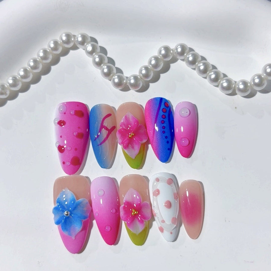 365nails-Jelly Bloom: "3D Floral Gradient" – Long Almond Handmade Nails