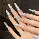 Lavender Nude Ribbon Crystal Lattice Elegant Princess Press On Nails