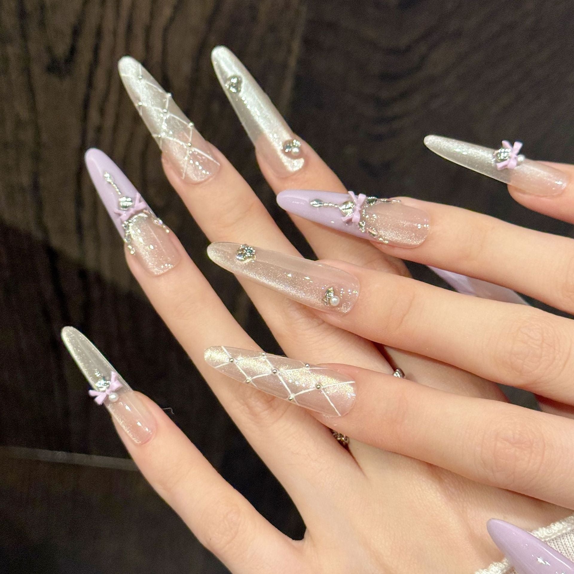 Lavender Nude Ribbon Crystal Lattice Elegant Princess Press On Nails