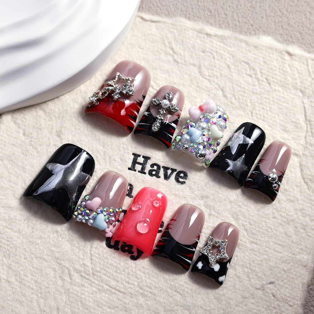 Black Red Nails with Star Cross and Crystal Accents