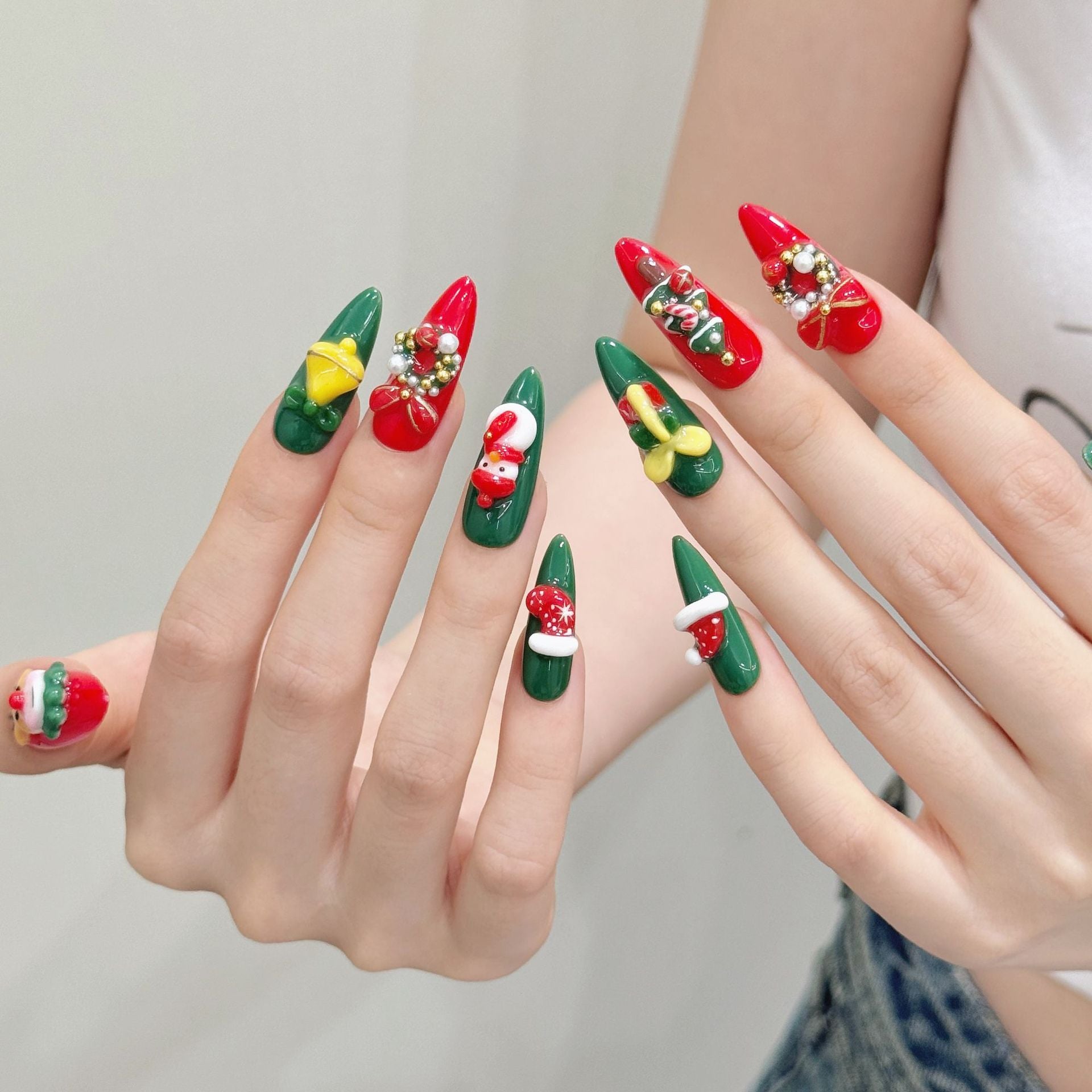 Festive Christmas Red Green Cartoon Press On Nails