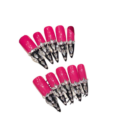 style extra long handmade nails new exaggerated Spice Girl pink liquid silver metal wind removable | 365nails