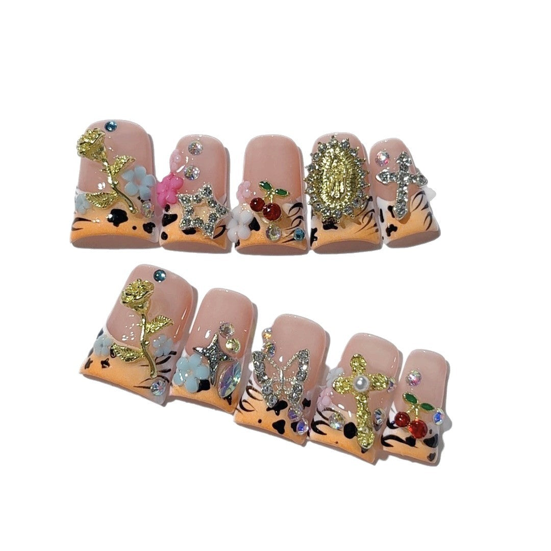 Gothic Y2K: "Leopard & Charm" – Square Press-On Nails
