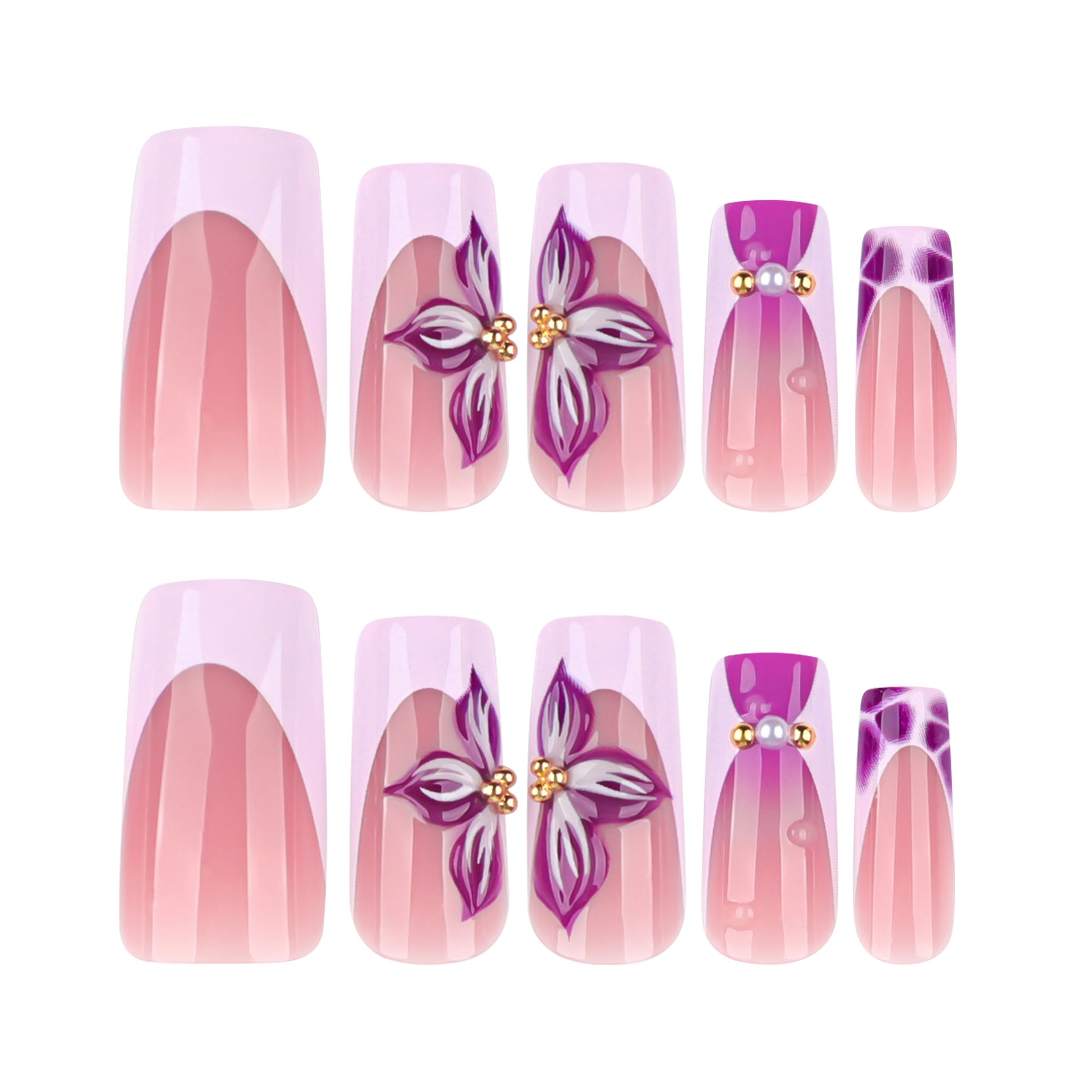Long Square Press On Nails with Pink Base & Purple Floral & Accents
