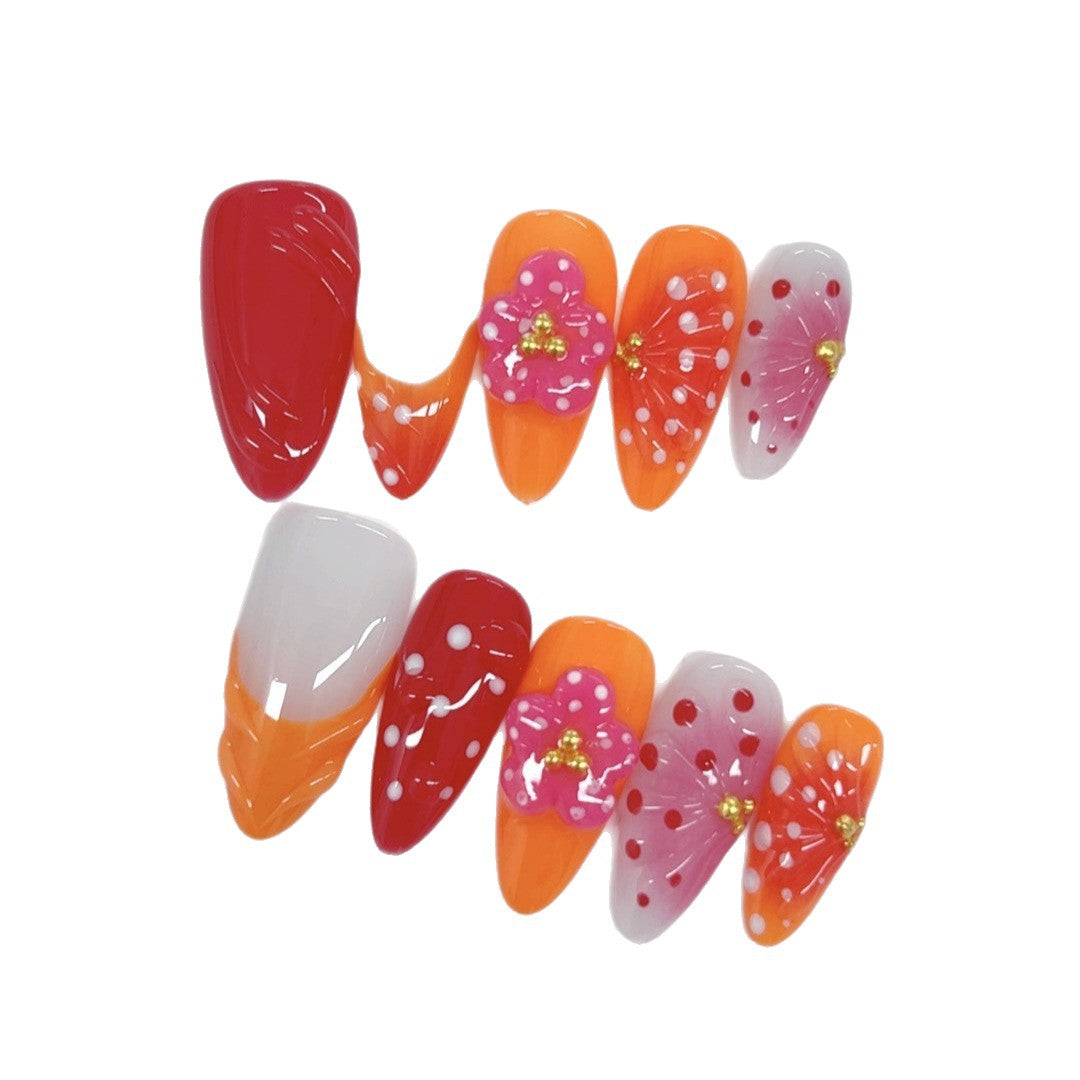 Tropical Bloom: "Coral Cherry" – Unhas Postiças Amêndoas