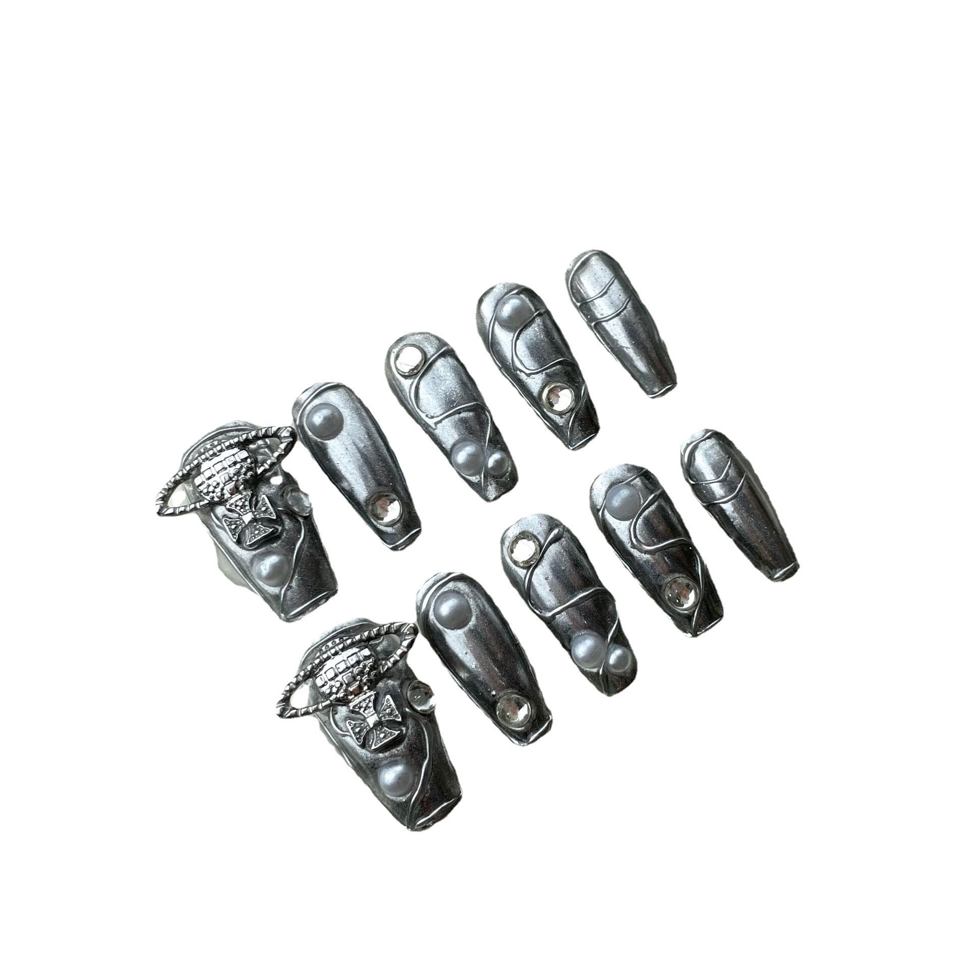 [Foto real hecha a mano] La Reina Madre de Occidente lleva un dedo de viento de plata brillante de las Spice Girl que se puede usar repetidamente | 365nails