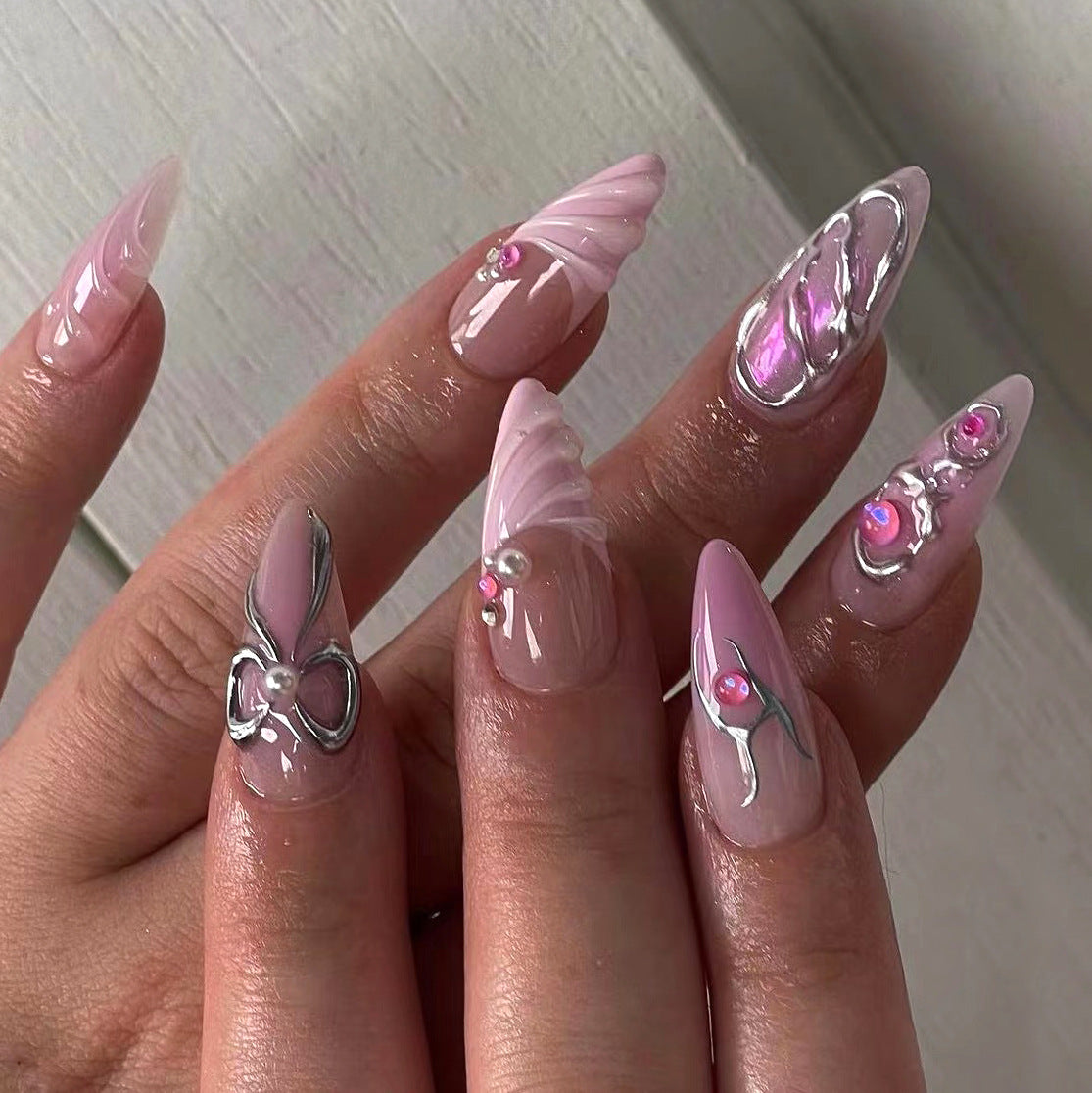 Nail art 3D avec nœud, miroir magique rose argenté, ongles press-on en gros, faux ongles sucrés 3D rose français｜365nails
