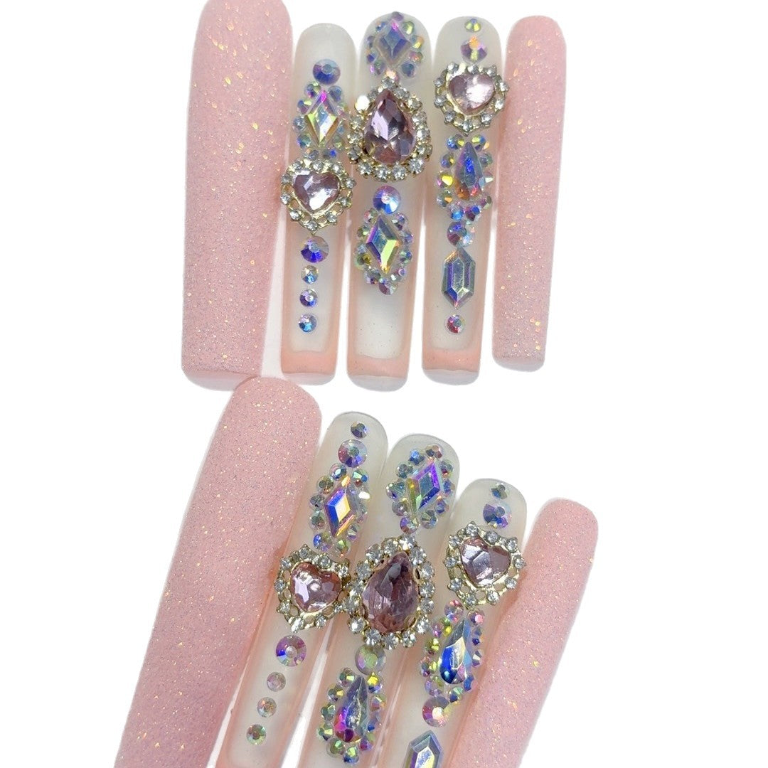 Pink Glitter Butterfly Crystal Press On Nails