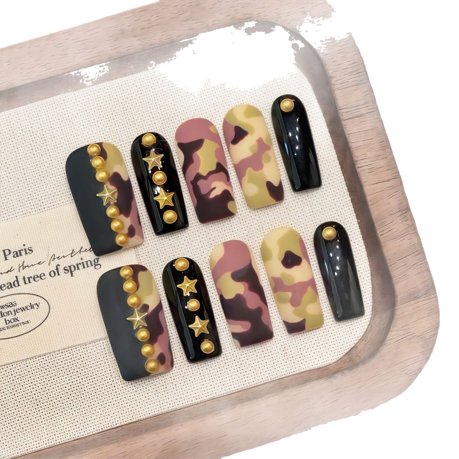 Diseño de uñas, estampado de camuflaje de la selva tropical china de verano, estrella de cinco puntas, uñas postizas extraíbles | 365nails